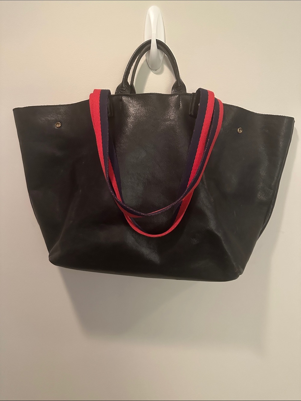 Clare V Black Leather Tote with Red & Navy Striped Strap